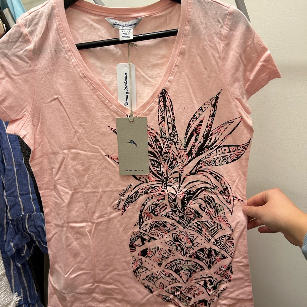 Tommy Bahama Pink Short Sleeve Tee with Black Pineapple Print
